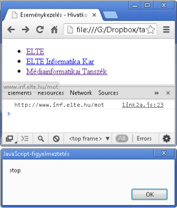 Képernyőkép a kód működése közben
